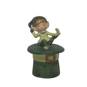 Vintage Ceramic Whimsical Elf Pixie Sitting On Green Hat Japan Christmas Decor